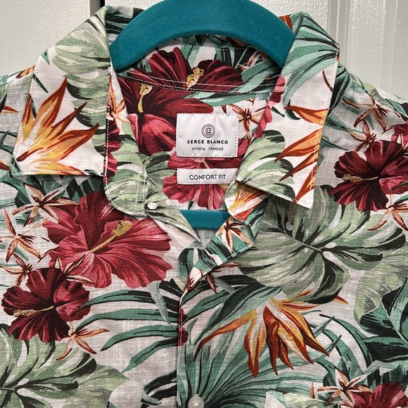 Like New: Serge Blanco short sleeve collared button down cotton large hibiscus - Picture 4 of 9